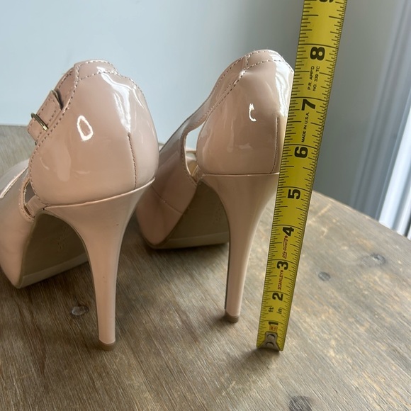 Material Girl Nude Patent Peep Toe Platform 5” Heels - Picture 8 of 16